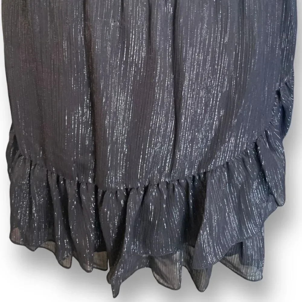 Michael Kors Dress‎ Faux Wrap Black Metallic Shimmer Asymmetrical Ruffle Sheer